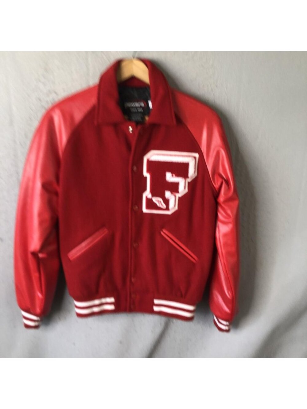 Powers Varsity Jacket Mens XS Red Wool Letterman Vinyl Sleeves Quilted Lined F